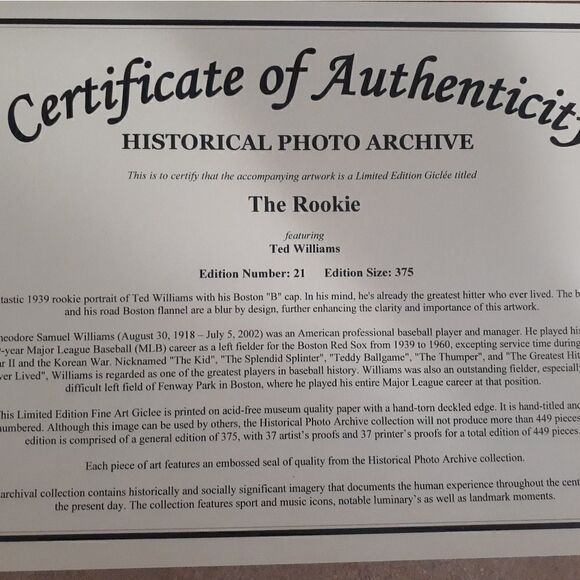 Ted William's "The Rookie" 10x14 Fine Art - Picture 4 of 8